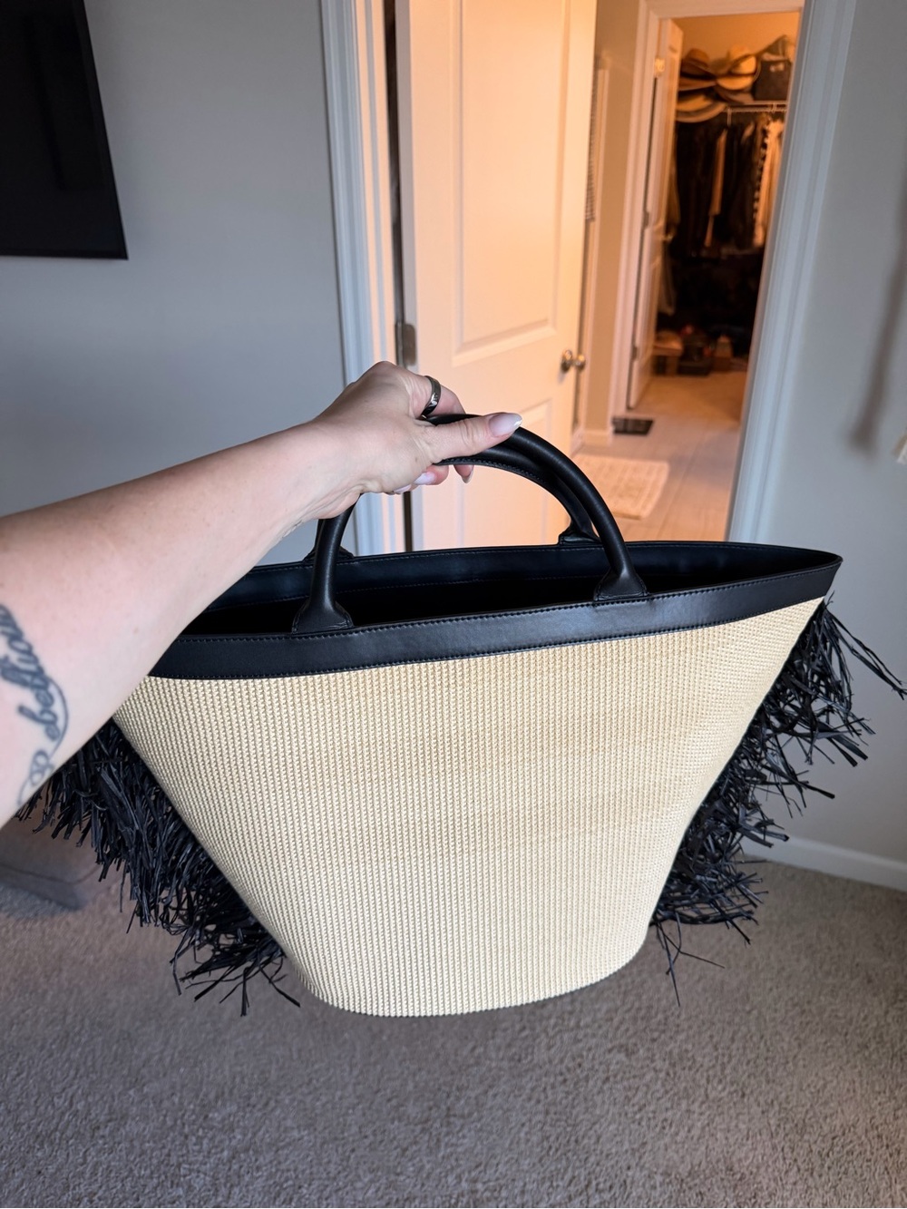 Jonathan Simkhai Beige Straw Tote with Black Trim and Fringe